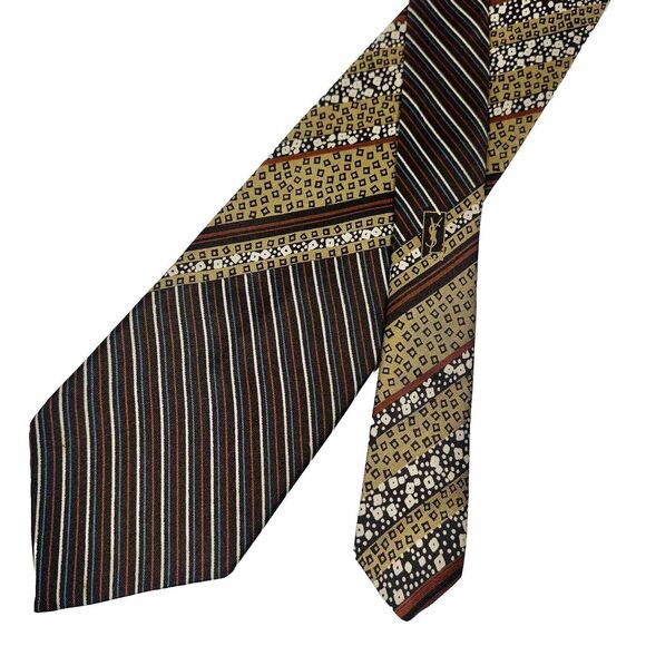 VINTAGE Yves Saint Laurent YSL Brown Tan Multi Pattern Satin Silk Necktie Tie - Picture 1 of 7